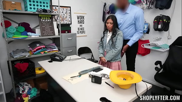 Tiny asian thief is stripped nude and gets her big tits grabbed by the security her knees he takes out his big black cock for her to suck