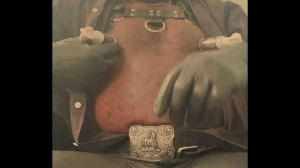 Black mature muscle leather titpump nipple play & bbc cum