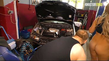 Sloppy Blowjob on Her Knees in the Garage, She Licks His Balls Clean
