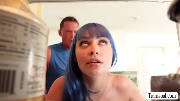 Latina TS caught her horny husband fucking her stepsister in the kitchen.She got so mad and they decide to fuck her stepsister together. 