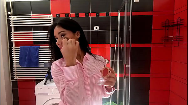 Hot petite brunette babein the_bathroomprepares for a_night out in panties anda shirt