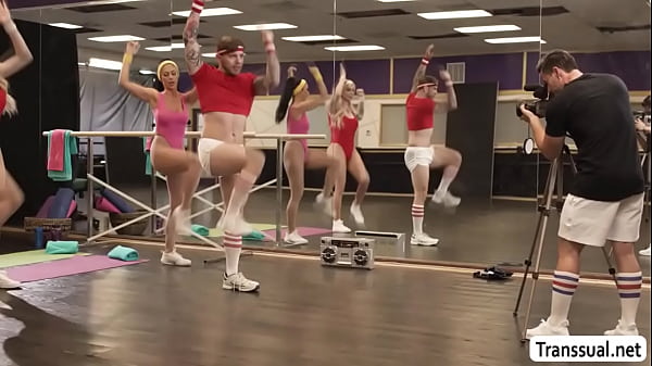 TS blonde Gracie Jane gets horny while doing zumba with Queenie Sateen and their coach Steve Ricks 