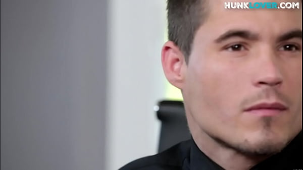 Muscled newbie stroking his unshaven pecker in office 