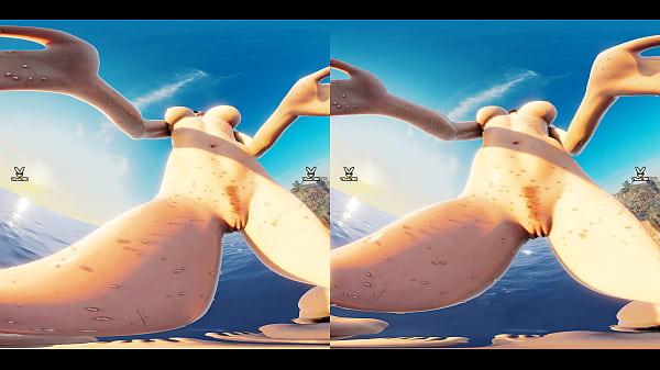 Lara Croft (Tomb Raider) doing cowgirl in a beach while the sun is setting low 