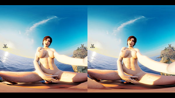 Lara Croft (Tomb Raider) doing cowgirl in a beach while the sun is setting low 