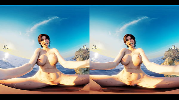 Lara croft tomb raider doing cowgirl in a beach while the sun is setting low 