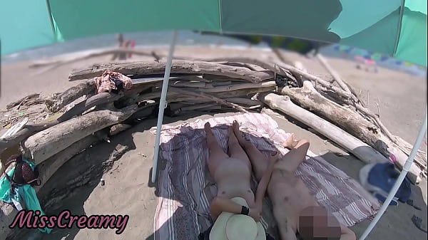 #2 Voyeur Watching Us While My Hot Wife Masturbating And Cumshot Cock In Nudist Beach Public - Risky Public Sex - Caught Handjob By Stranger - Misscreamy thumbnail