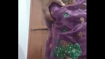 Indian Gay Crossdresser Bottom Gaurisissy Showing Her Big Boobs In Purple Saree thumbnail