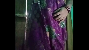 Indian Gay Crossdresser Bottom Gaurisissy showing her big boobs in purple saree 