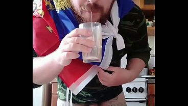 Big Russian cock cums during masturbation! Fresh cum in the mouth and on the face of this hungry gay man