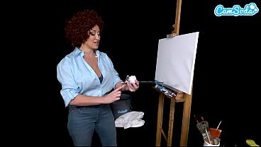 Mature lady does drawing with boobs loose