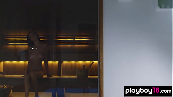 Big boobed naked brunette hottie relaxing after training 