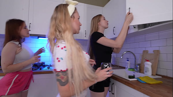 Three horny roommates get fucked hard by me in the kitchen 
