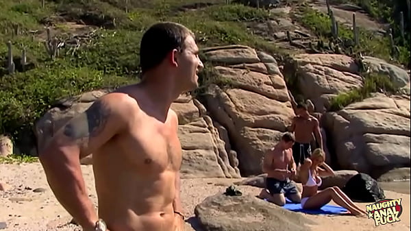 Play MP4 - Three guys destroy a skinny blondes holes on the beach of an island