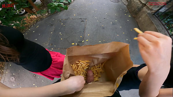 They jerk my cock in public in the fast food b a g