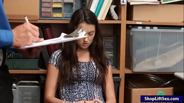 Brunette teen shoplifter Lily Adams caughter on CCTV stealing merchandise and then gets her twat ripped by nasty LP officer 