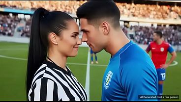 AI Gen Football striker & Sexy Ponytail Referee Have Secret Sex in Changing Room in AI London soccer team stadium 