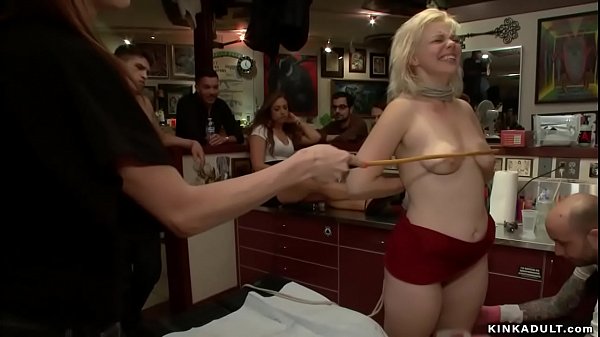 Slut deep throat banged in tattoo shop