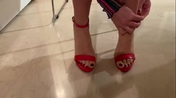 I put my red sandals on and spread my legs 