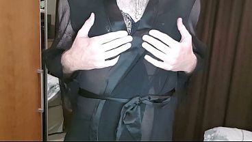 Man Wearing Black Womans Underwear And Parading Around In It. thumbnail