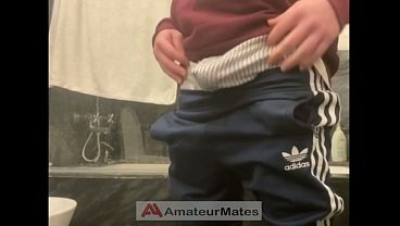 Amateur horny flatmate in sportswear cums in condom 