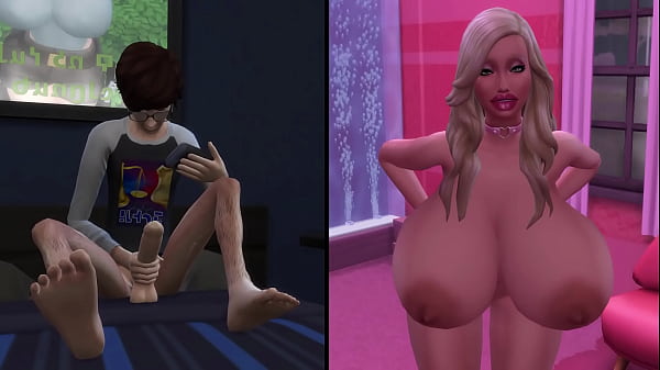 Pervert masturbating to a busty bimbo 