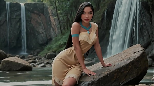 Pocahontas sex with gorgeous native american at waterfall ai generated