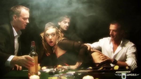 Sexy looking babe got talked into blowing three delicious cocks at the same time before getting her tight holes banged hard on the poker table until she reaches an orgasm