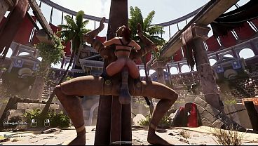 It was difficult, but Lara Croft's pussy was able to sit on the giant penis of the awakened statue. 3D Animation Game 