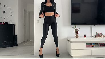 Sexy brunette have sex in leather jacket 