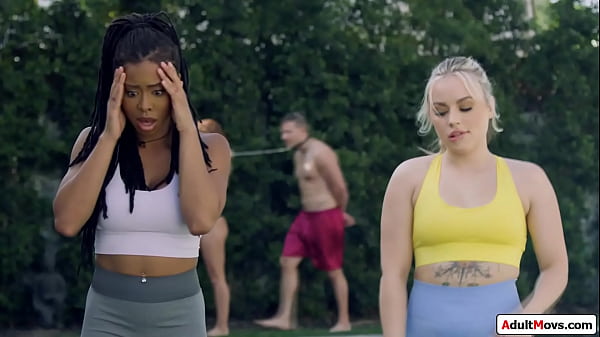 Two joggers see a mistress with toyboy and check it busty ebony and her big tits blonde gf join in for a facesitting and fucking foursome