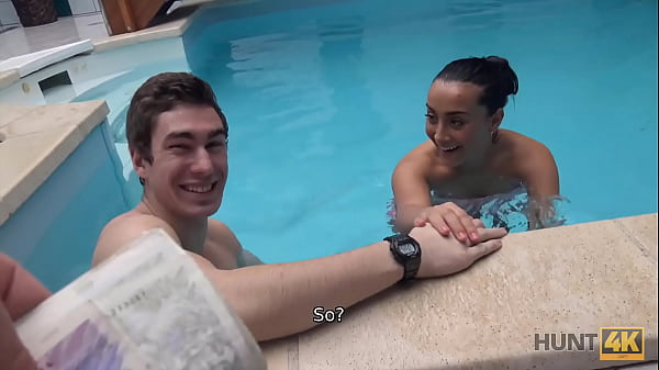 HUNT4K_Slim brunette has sex with stranger by the pool_near herman