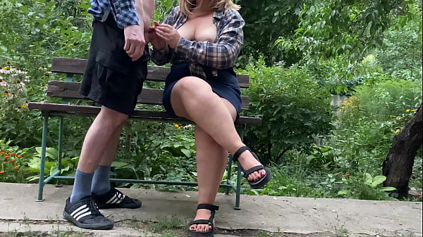 Big cock cumshot on her tits in the_park on abench