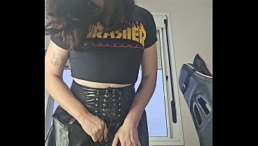 Goth Trans Goddess Humiliates You Then Strips &amp_ Cums in Black Leather