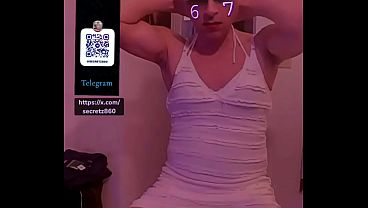 On a stool Jerking off in a white dress 