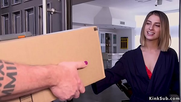 Delivery man brings package to hot brunette babe Kristen Scott while she trying her new Christmass lingerie and then ties her in red rope and vibrates 