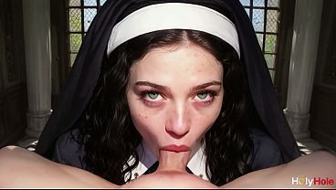 A skinny brunette nun hikes up her habit and fucks among the church flowers