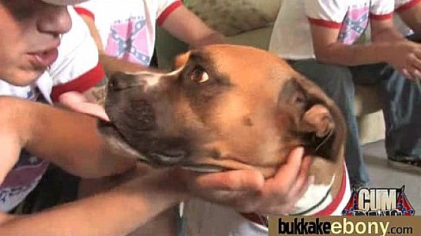 Ebony babe sucks group of white guys 4