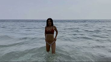 Monika Fox In White Panties And Burgundy Top Walks Along Beach And Swims In Sea (Free) 