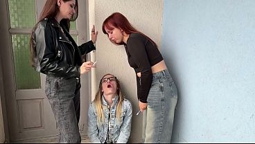 Mouth Of A Nerdy Lesbian Is A Human Spittoon And A Human Ashtray For Two Girls - Human Trash Bin Lezdom thumbnail