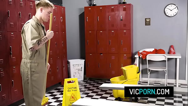 Sexy babe got caught masturbating by the janitor and makes him eat her pussy before fucking her rough 