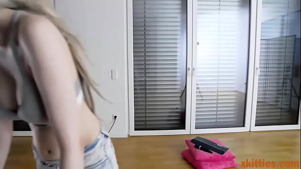 Tiny Blonde gets naughty on Cam with a vibrator sticking out of_her Shorts