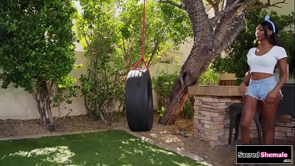 A guy joins ebony shemale Natassia Dreams outdoors and rims her.He gives the ts a bj and then the big tits tgirl sucks his big dick.Then is barebacked 