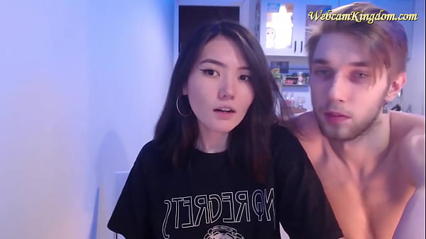 Petite asian teen chilling with white guy on_webcam