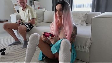 Teasing step sis in short skirt no panties got anal on the couch