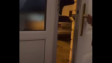 Spreading my legs wide open in front of a open door 