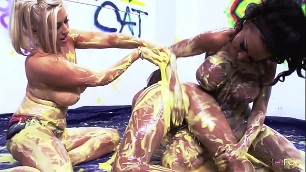 These_sexy ladies take_cream from a bucker and_throw it at each other_before they threesome fuck