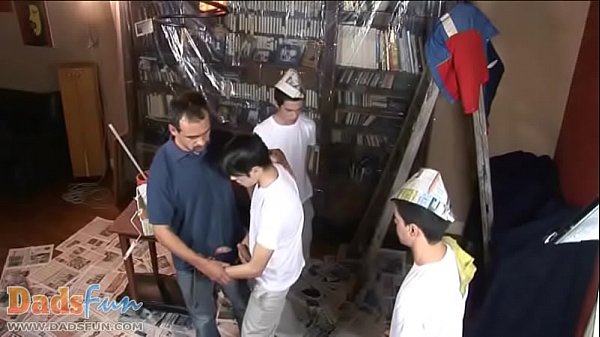 Cute boys and a daddy make a heated painting orgy  