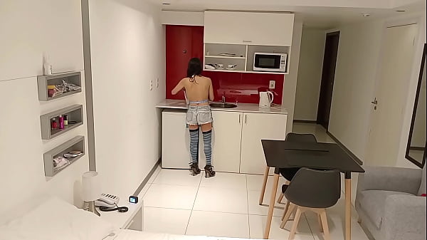 Sexy brunette cooking sucking my cock while i dress as a woman