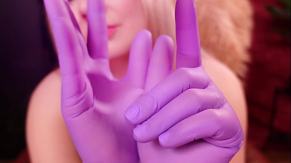 Purple nurse gloves and gold glitter watch 